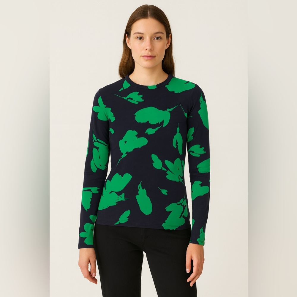 COS Dark Blue Top with Green Floral Design